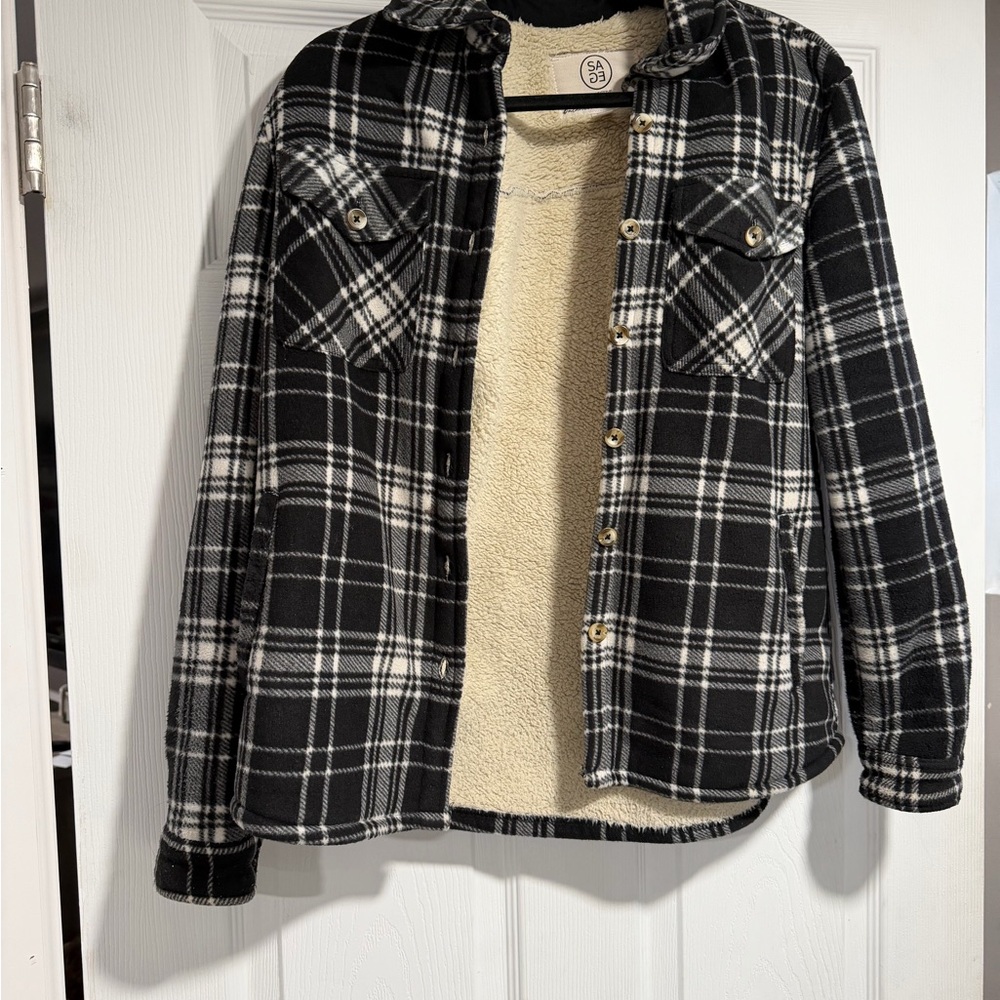 Black and White Plaid Jacket with Sherpa Lining